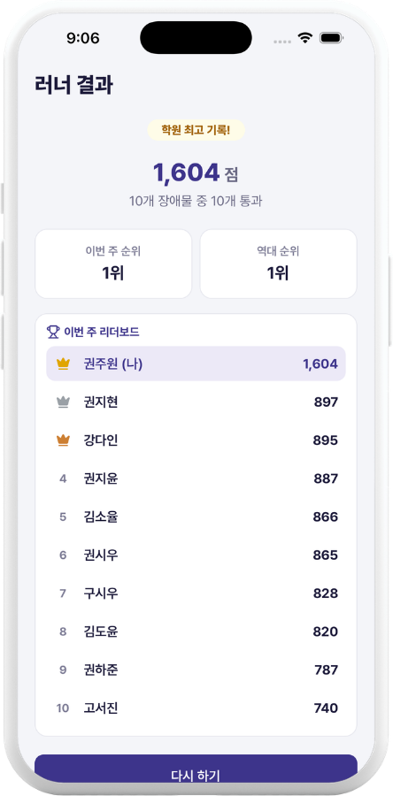 게임 결과와 이번 주 순위를 보여주는 리더보드